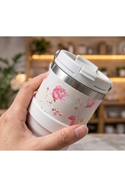 kt kuzey tacı Premium Çiçek Desenli Paslanmaz Çelik Termos Mug –Çift Katmanlı...