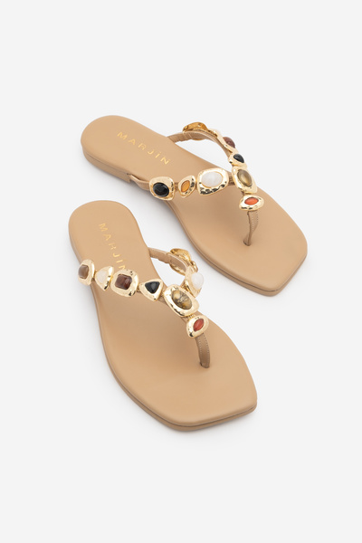 Marjin Γυναικείες παντόφλες με μεταλλική χρυσή αγκράφα, με μπλακέ μύτη, καθημ...