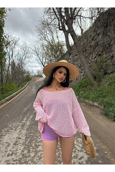 kırmızı butiks Ροζ Πλεκτό Πουλόβερ Oversize με Λαιμόκοψη Βάρκα