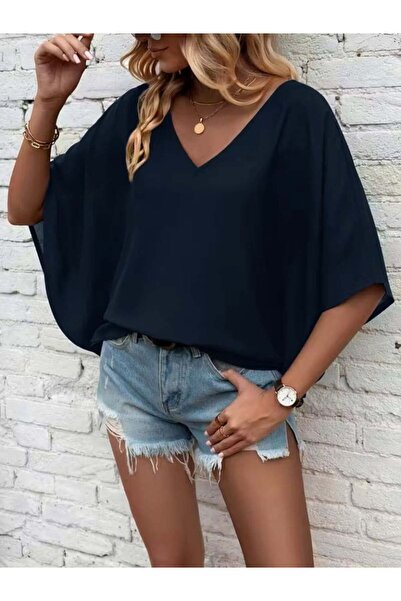 Wear Up Women's Short Sleeve V-Neck Loose Viscose Blouse