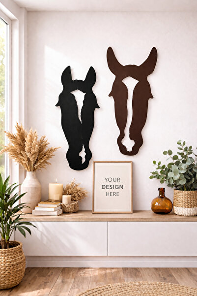 ZESİBA At Kafası EL Yapımı Duvar Dekoru Seti 80x50 cm (2’li) Modern Ahşap Dek...