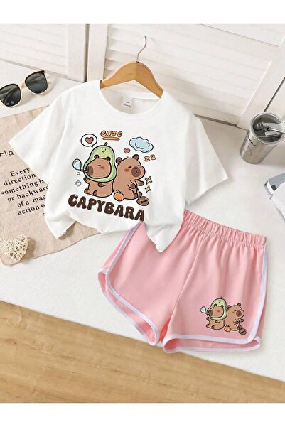 MORNİNG KİDS Kız Çocuk Capy Bara Baskılı Beyaz Tişört-Biyeli Pembe Şort Takım