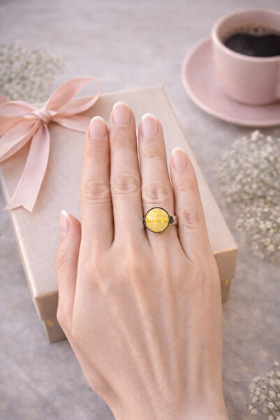 MUGUSA HEDİYELİK Yellow Crystal Cat Eye Stone Minimal Silver Ring - Shines un...