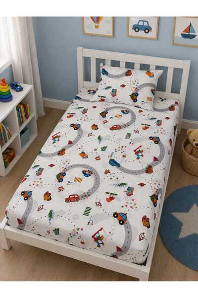 Bebek Özel Παιδικό ελαστικό σεντόνι και μαξιλαροθήκη 90x190 Montessori Traffi...