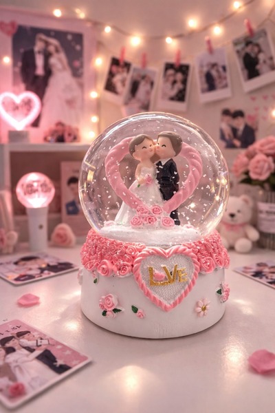 Bakgeldi Sevgili Gelin Damat Figürlü Kalpli Işıklı Müzikli Kar Küresi Romanti...