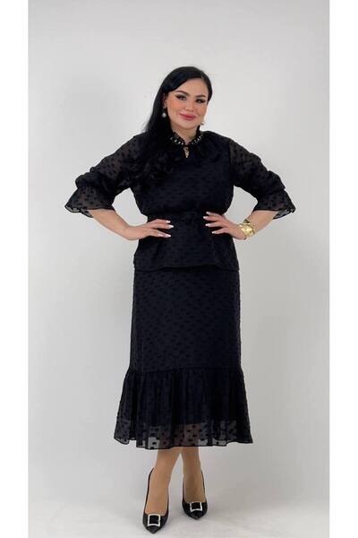 mardi exclusive Women's Plus Size Ruffled Stylish Blouse Skirt Set Black