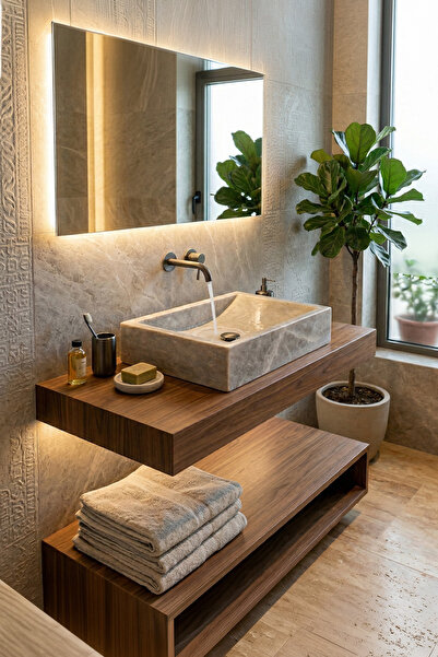Deconore Doğal Mermer Modern Blok Lavabo