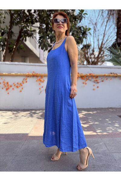 DenizEge Italian Sleeveless Square Neck Linen Dress Saks Blue