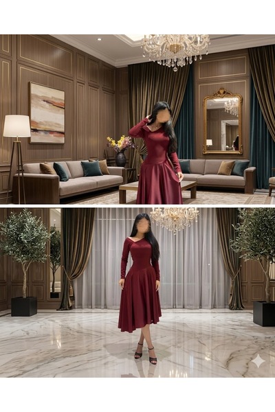 DARBEST Grape-Colored Party Dress with Long Sleeves and Off-The-Shoulder Cuto...