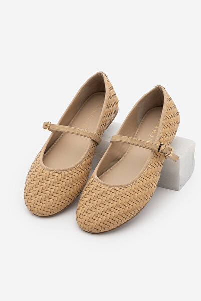 Marjin Kadın Yuvarlak Burun Bantlı Örgü Desen Mary Jane Günlük Babet Avinel C...