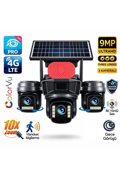 Yenimiyeni O-Kam Pro 4G 9MP SIM Kartlı 3 Kameralı 3 Görüntülü Solar Panelli G...