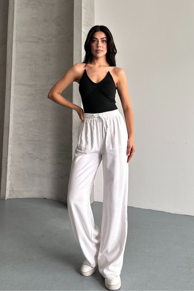 macharel jeans Γυναικείο παντελόνι παλάτσο με φαρδιά μπατζάκια και τσέπες