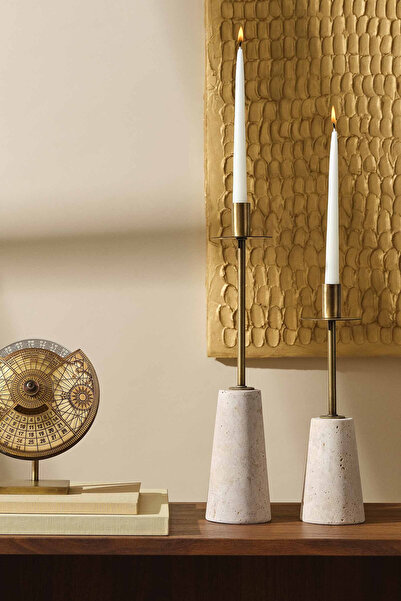 Paşabahçe Naturel Traverten Şamdan Mumluk Seti 2'li - 1 Adet