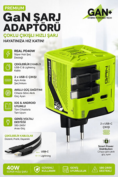 CROW'S TECH GaN PD Hızlı Şarj Adaptörü 40W Lightning Kablolu Hızlı Şarj Çoklu...