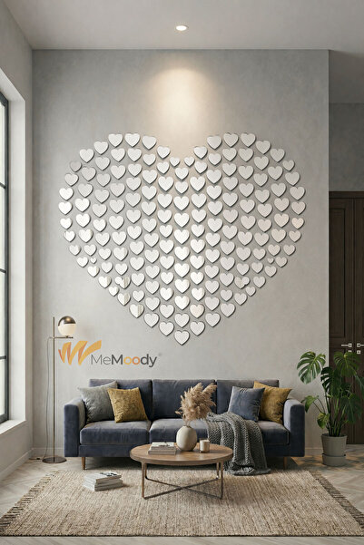 Memoody Dekoratif Yapışkanlı Kalp Pleksi Ayna 8x8cm 3 Adet Gümüş