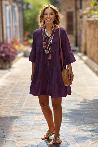 Nevin Kaya Moda Μωβ Φόρεμα Ποζιτάνο Μίντι Μήκους, 100% Βαμβακερό