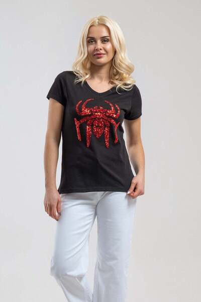 Bold & Young Tricou de damă negru, cu mânecă scurtă, cu decolteu în V, cu pai...