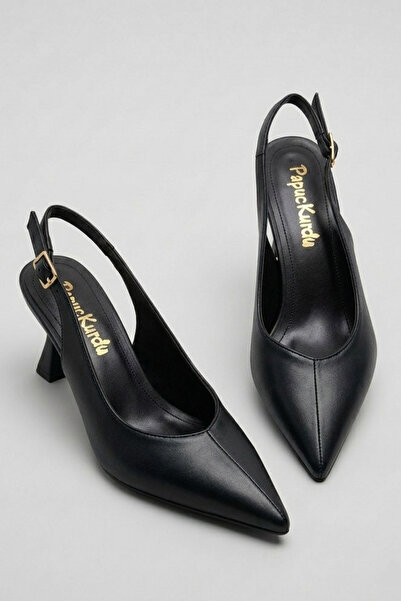 Papuckurdu Μαύρα σατέν γυναικεία παπούτσια με λεπτό τακούνι και μυτερή μύτη