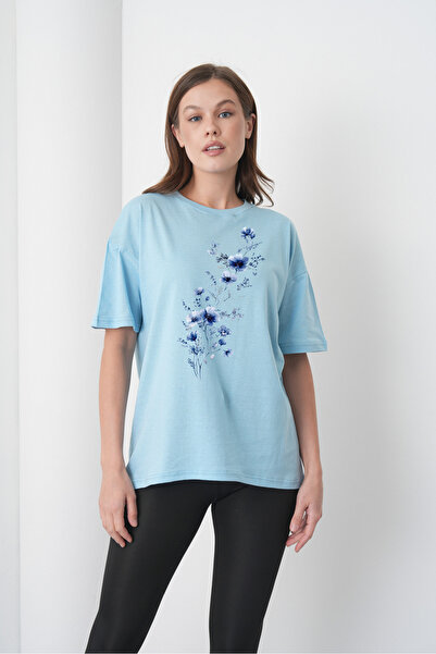 caddekombin Γυναικείο βαμβακερό χτενισμένο μπλουζάκι με στάμπα μπλε λουλουδιών