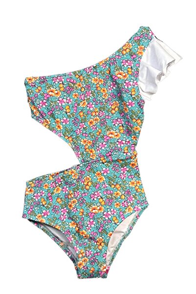 LOOK ME Floral ve Meyve Desenli Asimetrik Kesim Cut-Out Kız Çocuk Mayo