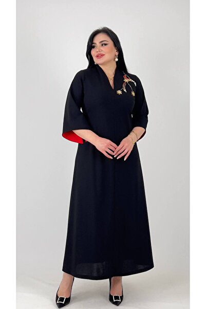 mardi exclusive Women's Plus Size Embroidered Detailed Crepe Long Evening Dre...