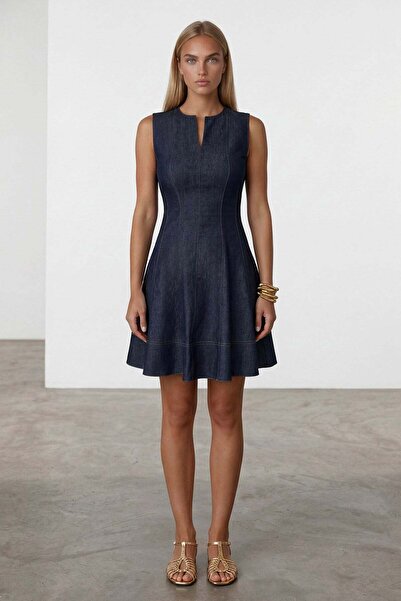 Trend Alaçatı Stili Γυναικείο μπλε ναυτικό φόρεμα τζιν με σχιστό γιακά και εφ...