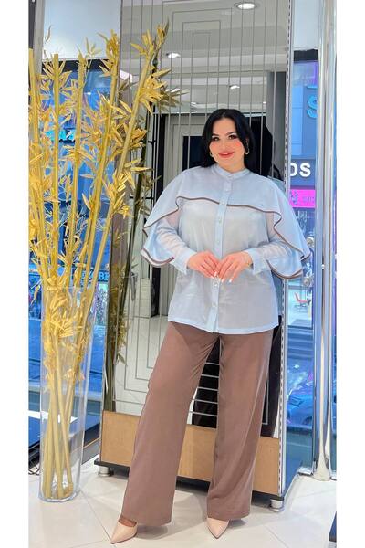 mardi exclusive Women's Plus Size Organza Shirt and Pants Set Blue