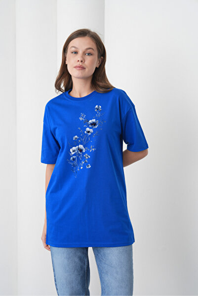 MEİLİFENG Tricou de damă din bumbac pieptănat, albastru, cu imprimeu floral