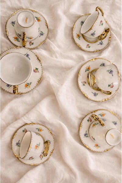 MİEN Mona 6’lı Porselen Kahve Fincan Takımı – Gold Detaylı