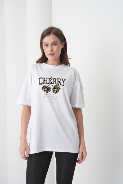 caddekombin Λευκό μπλουζάκι από χτενισμένο βαμβάκι με σχέδιο λεοπάρ και στάμπ...