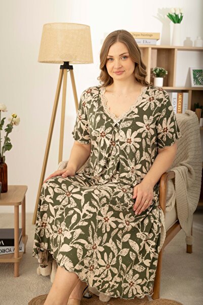 Khaki Flower Patterned Ring Viscose Short Sleeve Plus Size Dress