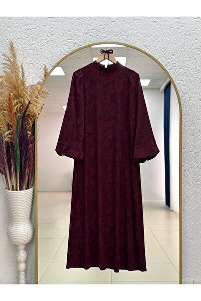 MİHRA STORE Κομψό Φόρεμα Ζακάρ με Μανίκια Μπαλόνια-PA9848 Βουργουνδί