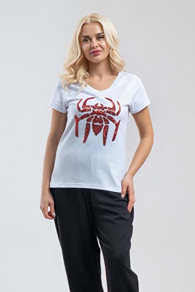 Bold & Young Tricou de damă alb cu paiete brodate cu model de păianjen, cu mâ...