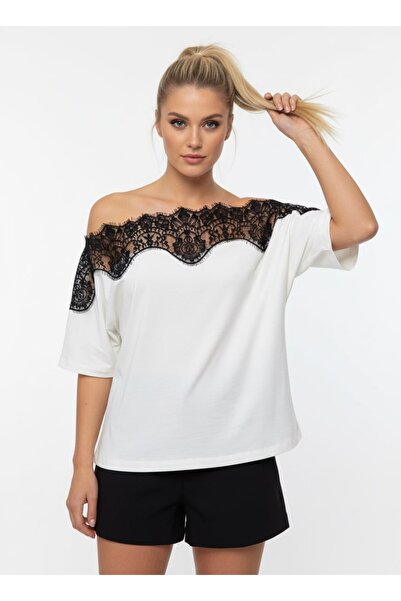 Noi Belis Πλεκτό T-Shirt με δαντέλα και λαιμόκοψη καγιάκ SS26TS0057