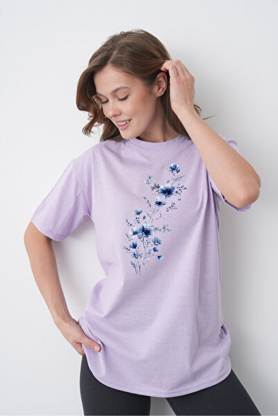 caddekombin Γυναικείο βαμβακερό χτενισμένο λιλά μπλουζάκι με μπλε φλοράλ στάμπα