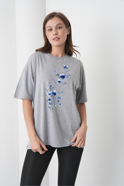 MEİLİFENG Tricou gri din bumbac pieptănat pentru femei, cu imprimeu floral al...