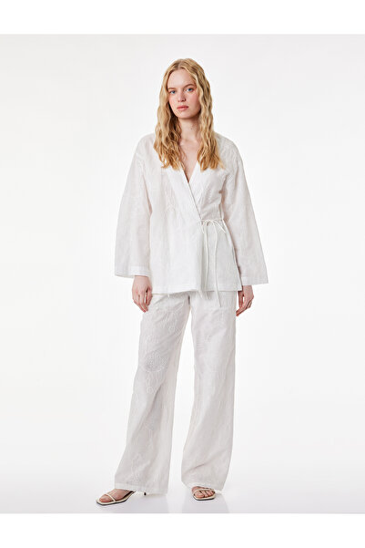 Koton Cotton Pocketed High Waist Straight Wide Leg Brodeled Trousers