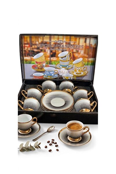 OEM Σετ Ελεγκάντ Καφέ – 6 Φλιτζάνια + 6 Πιατάκια – Πορσελάνη