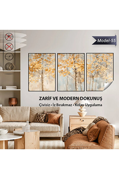 Tutunabilir Kağıt Statik Tutunma Özellikli 3’lü Doğa & Ağaç Tablo Seti – Mode...