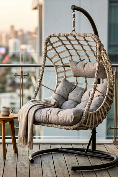 KalyonHome Gardeniza Pisa Tek Kişilik Egg Rattan Bahçe Balkon Salıncağı Ayaklı Yastıklı Beyaz