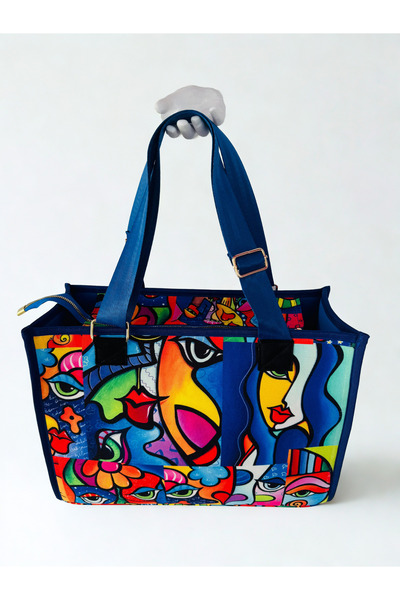 MORA BAG Carrying Bag - Smiling Faces and Eyes Pattern/Sax Blue