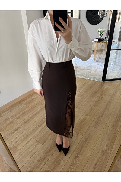 CKBUTİK Καφέ δαντελένια φούστα με σκίσιμο-1017