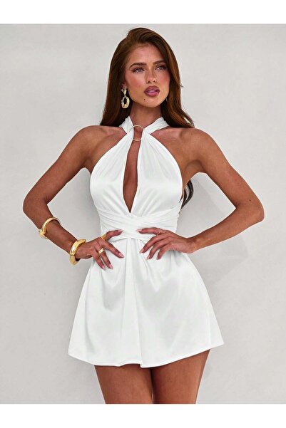 Afri Γυναικείο λευκό σατέν μίνι φόρεμα με λαιμόκοψη halter, ανοιχτό στο στήθο...