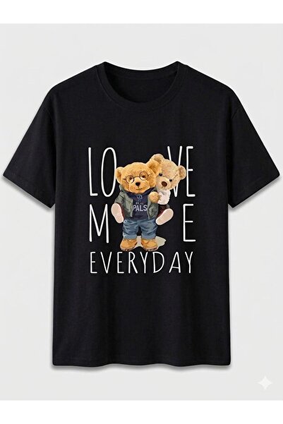 Duzor Unisex Short Sleeve Black T-Shirt Teddy Bear Love Me Oversize, Premium,...