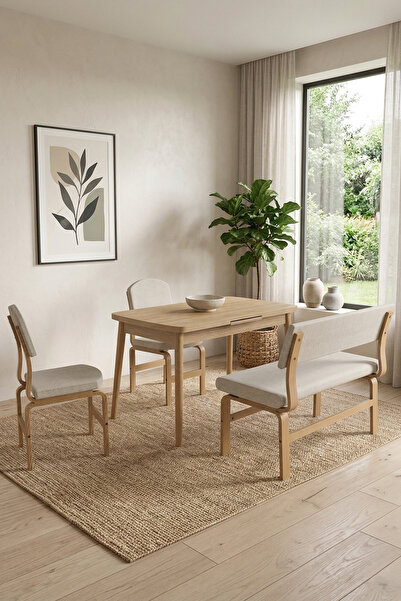 VİLİNZE Ege Sandalye Ve Bank Avanos Ahşap Açılır Mdf Mutfak Masası Takımı - 7...