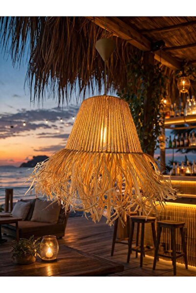 Home Bohem Handmade Jüt İpi ve Doğal Rafya Saçaklı Konik Sarkıt Avize Tavan A...