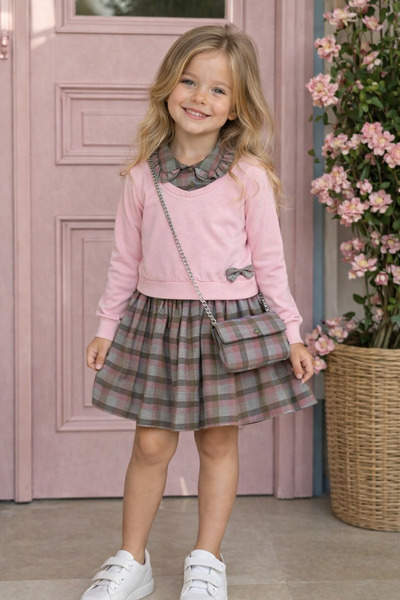 Womi Kids Bebe 2-Piece Set with Collar Detail, Bow, and Plaid Skirt
