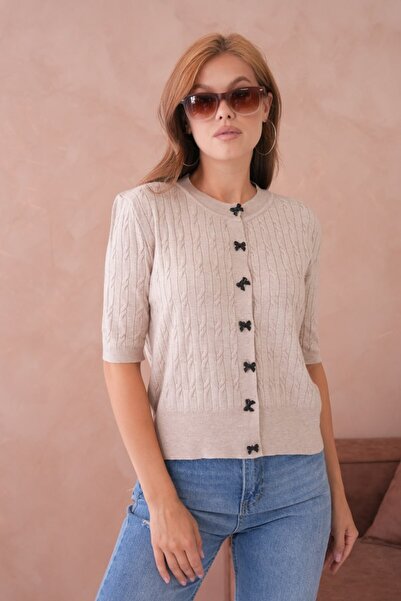 Noi Belis Crew Neck Knit Detailed Short Sleeve Knitwear Cardigan Ss26Hi0007