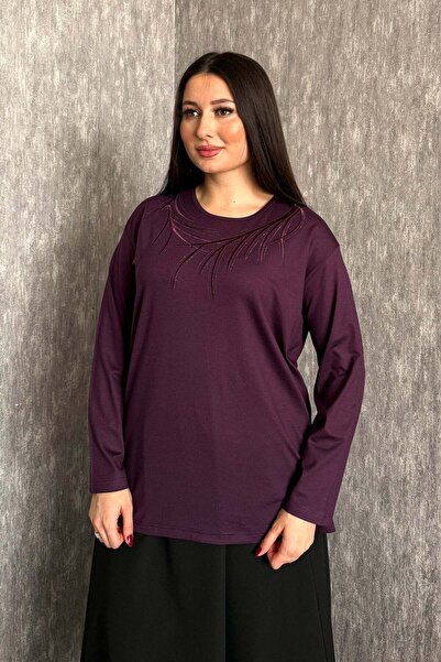 ModaPlaza Γυναικεία Μπλούζα Μακρυμάνικη με Κέντημα και Πέτρες, Μεγάλο Μέγεθος...