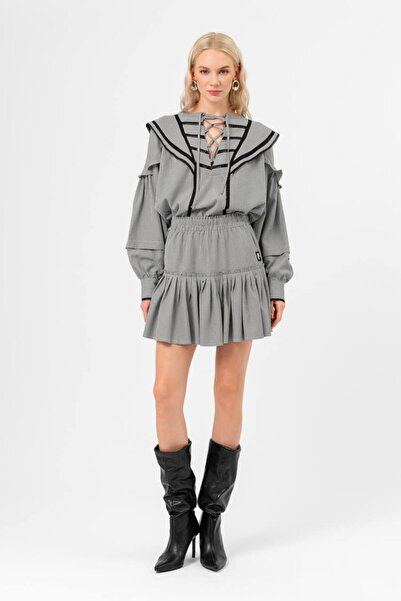 tw3 Γυναικείο καρό υφασμάτινο πουκάμισο με δαντέλα και λεπτομερή σχεδίαση